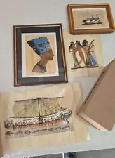 Lot Of 4 Vintage Egyptian Papyrus Plant Paper Hand Painted Art Certificate