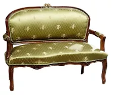 Loveseat, French Louis XV Style, Petite, Green, Silk, Early 20th C.!!