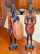 African wooden Maasai (Masai) Statuette couple with spear and shield 13" tall