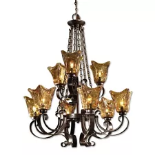 Large 9 Light Bronze Glass Chandelier Iron Antique Gothic Amber Old World