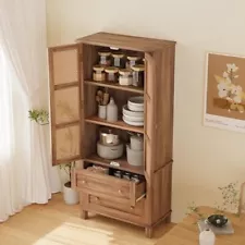 Kitchen Pantry Storage Cabinet w/ Rattan Door Adjustable Shelf 2 Drawer Cupboard