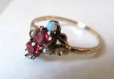 LOVELY Antique Victorian 10K Gold RING Rubies OPAL Seed Pearls SIZE 7