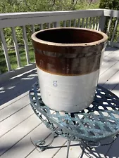 Vintage Large Rustic Crock 5 Gallon Diameter Brown Beige 12” Diameter.