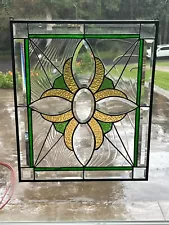 Beautiful Clear, Green , Amber Beveled Stained glass Window Panel!