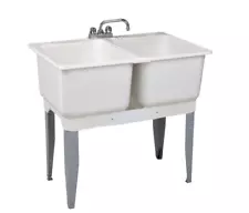 Double Utility Laundry Sink With Faucet Wash Tub Garage Basement Worksite Basin