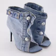 Fashion Women's Summer Denim Short Boots Thin High Heel Fish Mouth Sandals