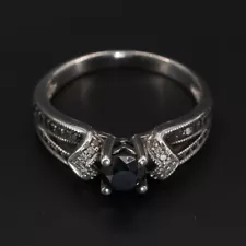 Sterling Silver - Black CZ & Diamond Engagement Wedding Ring Size 8 - 3g