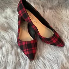 SOLE SOCIETY Sz 7.5 DESI Red Black Buffalo Plaid Kitten Heel Dress Shoes