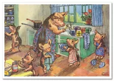 Funny family of pigs in the kitchen preparing dinner Animals Russia NEW postcard