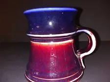 Studio Pottery MUG Blue, Red Hand Thrown 3 3/4" high 4" in diameter