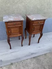 Antique Pair of French Carved Oak Night Stands with Marble Tops