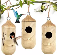 Hummingbird House for outside Hanging,Wooden Humming Bird Nest 3 Pcs with Hemp R