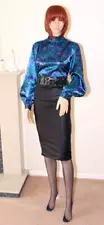 SEXY TEAL MIX LIQUID SATIN PUFF SLEEVE HIGH NECK GOVERNESS BLOUSE Size 12 14