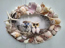 Seashell Wreath with Owls Wall Hanging Beach Decor 7" by 9"