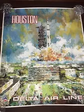 DELTA AIRLINES POSTER TRAVEL HOUSTON SPACE NASA JACK LAYCOX ORIGINAL 1970's