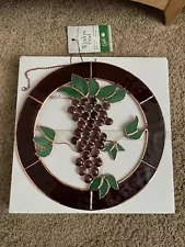 Vintage 13" Hanging Leaded Stained Glass Round Window Panel~Purple Grape Cluster