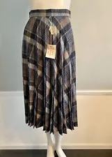 Vintage Wool Blend Preppy Pleated Plaid Midi Skirt Grey Blue Size 12 New NWT