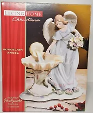 Living Home Porcelain Angel Figurine with Bird Bath, Flowers Swan 11 Inch Height