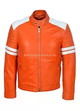 'MAYHEM' Men's ORANGE With WHITE Stripe Biker Style Fight Club Leather Jacket