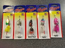 5 New Mepps # 2, 1/6 oz Bucktail Spinners, Fishing Lures Lot - 5 Colors