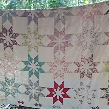 1974 Amish Star Quilt Hand Stitch* For Upcycle Crafts Repair Floral 72" X 100"