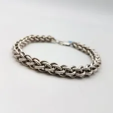 925 Sterling Silver Chainmail Solid Chain Bracelet w/ Glass Heart