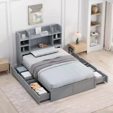 Solid Wood Platform Bed Frames w/ Storage Drawers Bookshelves Bedroom Furniture