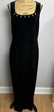 Vintage 90s Women's Black Velvet Maxi Length Sheath Dress Witchy 14 Jewelled