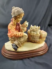 Vintage “Cat For Sale” Figure Sculpture with wood base Kittens Girl Unique Rare