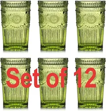 12 Pack 12 oz Vintage Drinking Glasses, Embossed Romantic Water Glassware GREEN