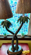 Antique Double Palm Tree Table Lamp With Ferns Branch Shades 18” Desk Light