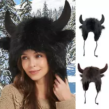 Bison Hat Plush Earflap Hat with Horns Fluffy Ear Headwear for Halloween Gift