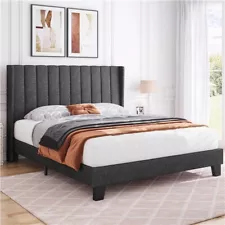 Used Upholstered Bed Frame with Wing Side, No Box Spring Needed, Queen/Full Size