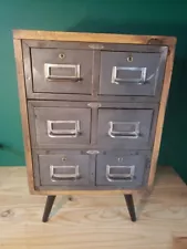 Vintage Metal Index Card/ Wood Drawer Storage Cabinet Heavy