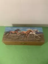 RUNNING HORSES KEEPSAKE,JEWELRY,HOME DECOR WOOD CEDAR BOX 4" X 9.5"