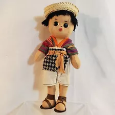 Handmade Fabric Doll In Traditional Woven Clothing Straw Hat