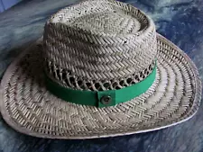 Exc JOHN DEERE Straw Hat Green Grosgrain Ribbon w Logo Farmer Cowboy Sun Hat