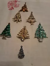 CHRISTMAS tree brooch pin VINTAGE lot of 7 Gold & Silver with Rhinestones