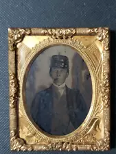 Ambrotype Civil War Union Soldier, Cigar, Patriotic Mat & Kepi Hat with Emblem