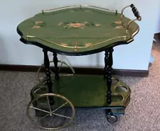 Vintage Italian Marquetry Two Tier Drop-Leaf Dessert Cake Bar Cart Trolley 70's