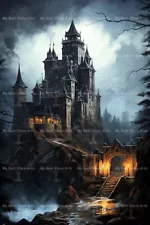 Dracula Castle Fine Art Print, Gothic Wall Art Dark Castle Painting, Vampire Art