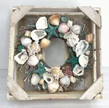 Coral & Seashell Wreath With Twigs In Bleached Wood Shadowbox -12" Square