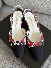 Size 37.5EU NEW CHANEL 23C Print Fabric Slingback Flat w/ Receipt