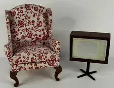 VTG 1:12 Dollhouse Miniature Furniture Red Floral Wing Back Armchair Television