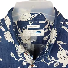 Old Navy Slim Fit Hawaiian Floral Shirt Mens XL SS Blue White Hibiscus Button