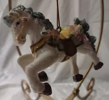 "New Glimmery White Prancing Carousel Horse w/Mixed Flowers & Green Mane & Tail