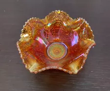 Imperial Carnival Glass Ruffled Bowl Iridescent Marigold Pansy & Arcs Antique