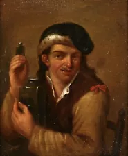 17th CENTURY DUTCH OLD MASTER OIL ON PANEL - MAN HOLDING GLASS BOTTLE