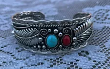 Western Equestrian Antique Silver Lab Turquoise/Coral Bracelet