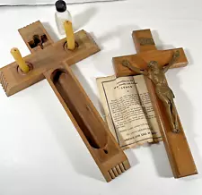 Vtg Catholic Wood Crucifix Cross Last Rites Holy Water Bottle Candles Slide Top